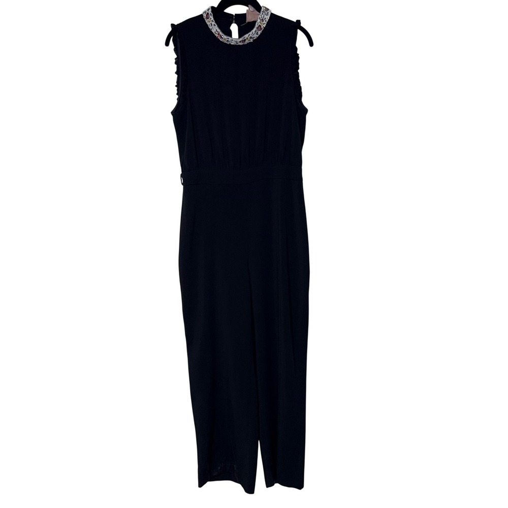 Daisy Drive Elegant Beaded Mock Neck Jumpsuit Womens Large Black Crepe
